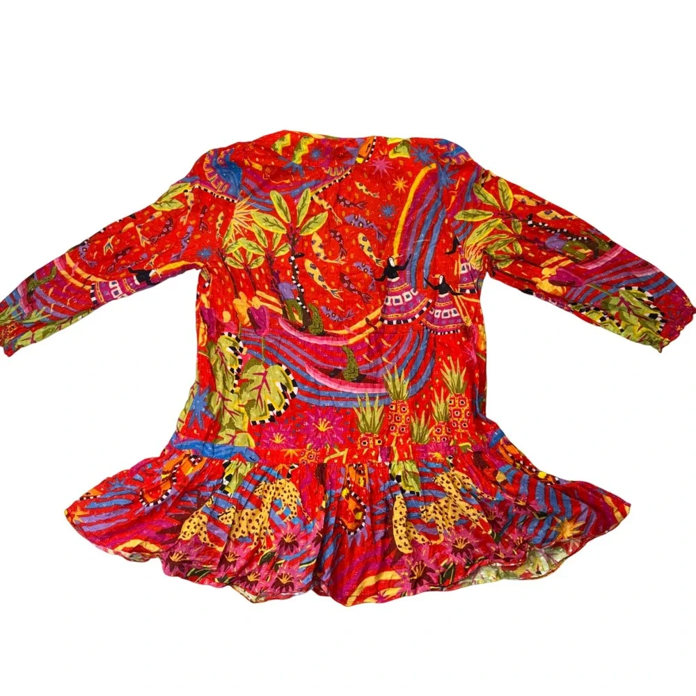 Farm Rio Red Toucan Pineapple Print Cotton Mini Dress XL Beaded Tassels Bright
